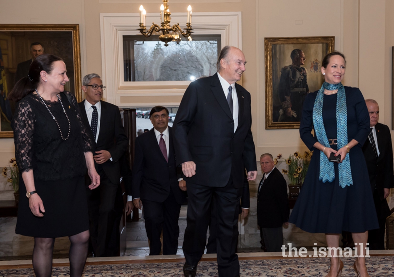 Mawlana Hazar Imam and Princess Zahra arriving at Rideau Hall for a dinner hosted by Her Excellency the Right Honourable Julie Payette, Governor General of Canada, to mark Hazar Imam’s Diamond Jubilee visit to Canada.