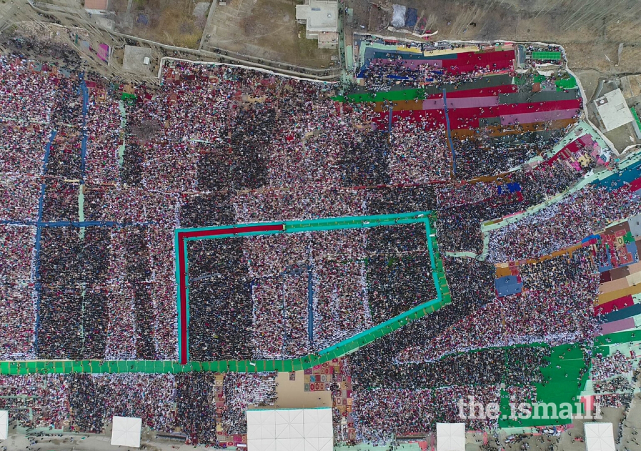 An aerial shot of the Jamat gathering for the Darbar at Aliabad, Hunza