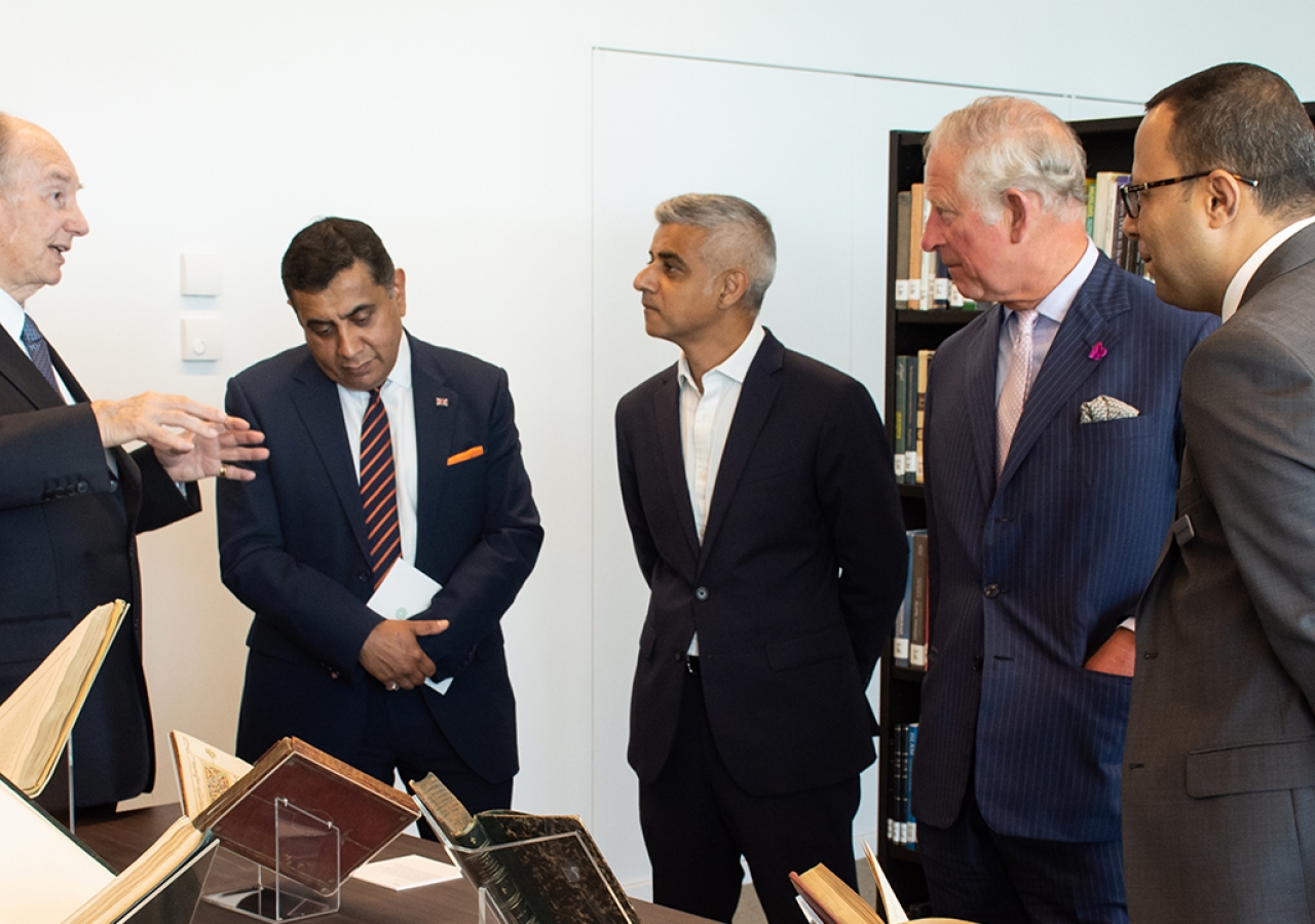 Mawlana Hazar Imam in conversation with Lord Ahmad, Mayor Sadiq Khan, HRH The Prince of Wales, and Head Librarian of the Aga Khan Library Dr. Walid Ghali.