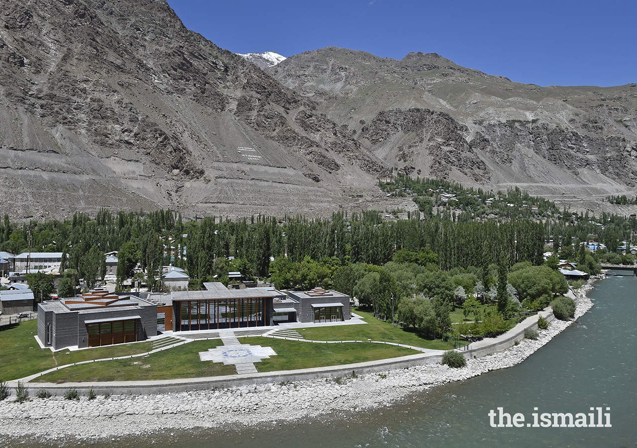 Bird’s eye view of the Ismaili Jamatkhana and Centre, and Khorog Park, situated beside the Gunt River in Gorno-Badakhshan.