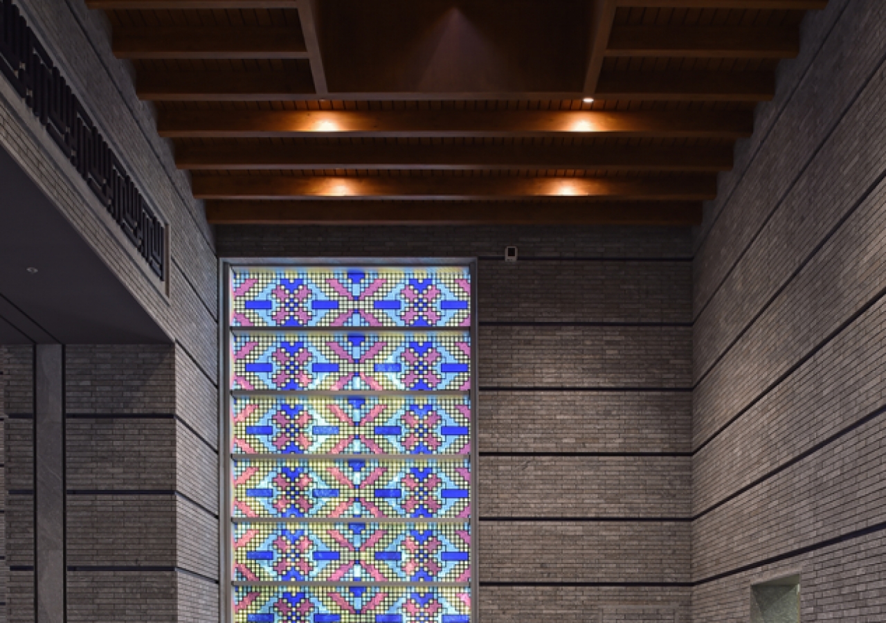 Stained glass windows at the Centre, influenced by traditional Tajik embroidery patterns.