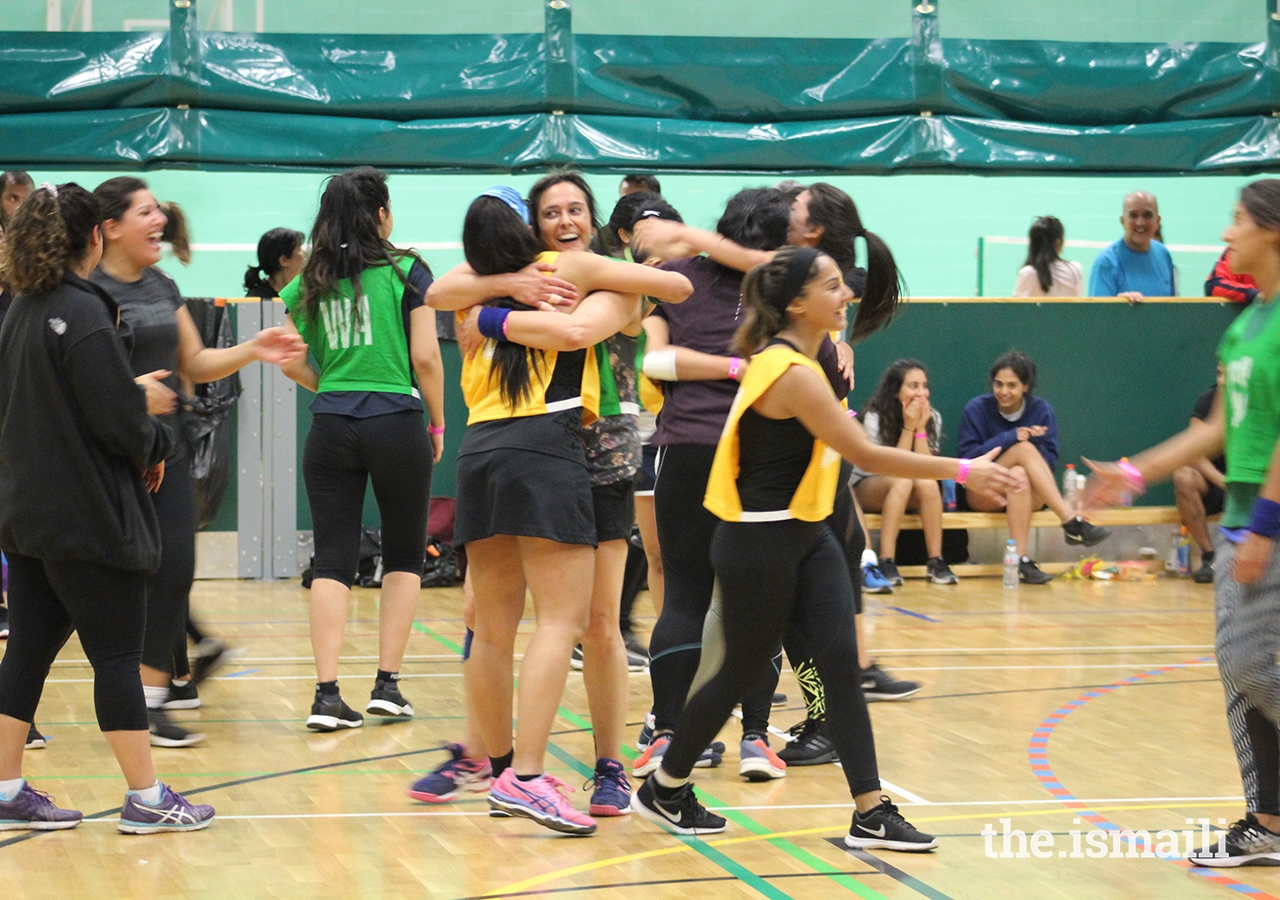Participants congratulate each other at the Netball competition during the European Sports Festival 2019.