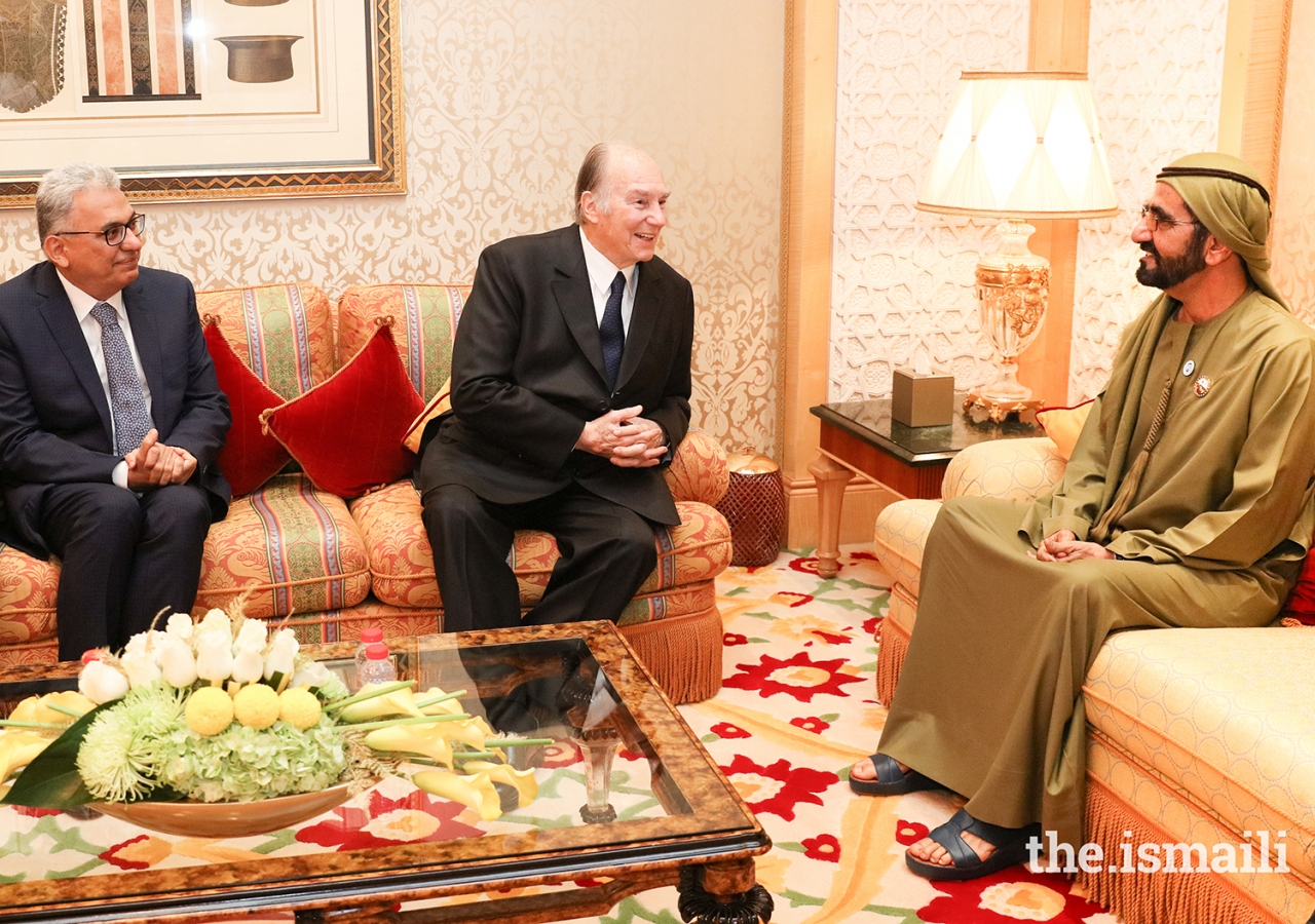 Mawlana Hazar Imam meeting with His Highness Sheikh Mohammed bin Rashid Al Maktoum at Zabeel Palace.