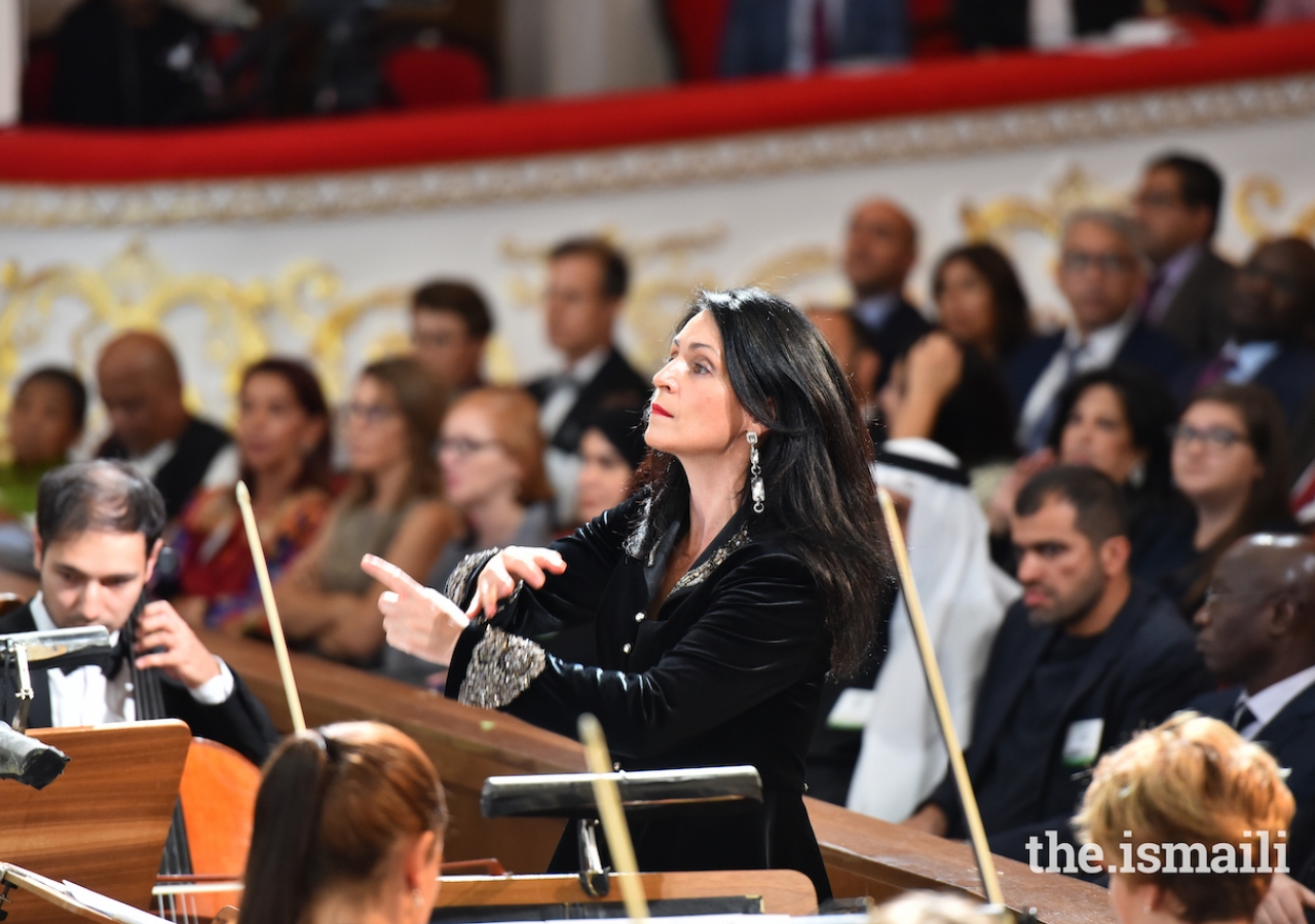Anna Gulishambarova leads the Novaya Muzyka Chamber Orchestra at the Aga Khan Award for Architecture 2019 Ceremony.