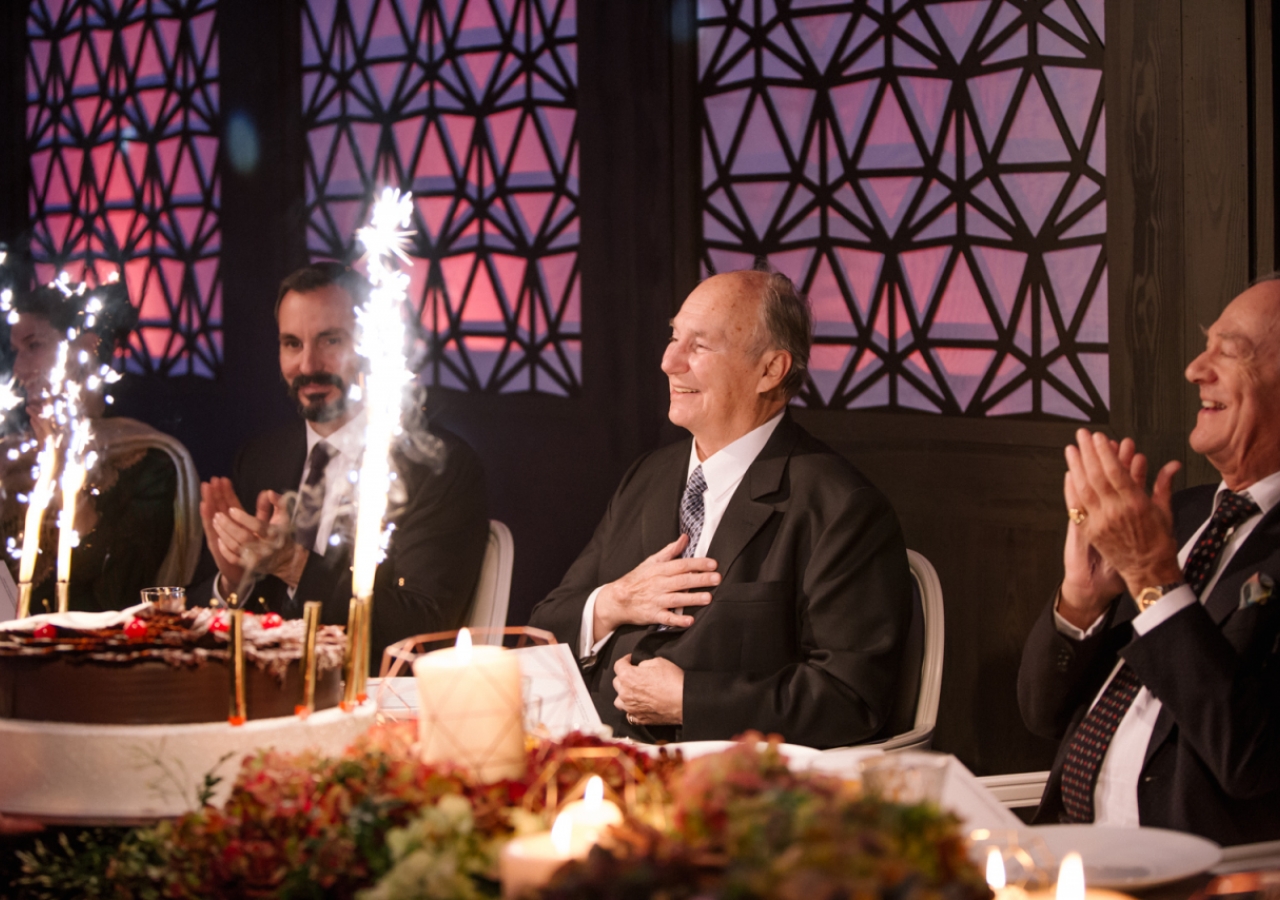 Mawlana Hazar Imam is presented with a cake on behalf of the worldwide Jamat on the occasion of his 80th birthday. Photo: Farhez Rayani