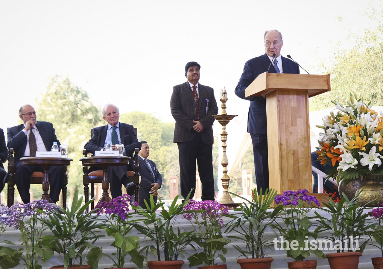 Mawlana Hazar Imam addresses the audience during the inauguration ceremony of Sunder Nursery in New Delhi.