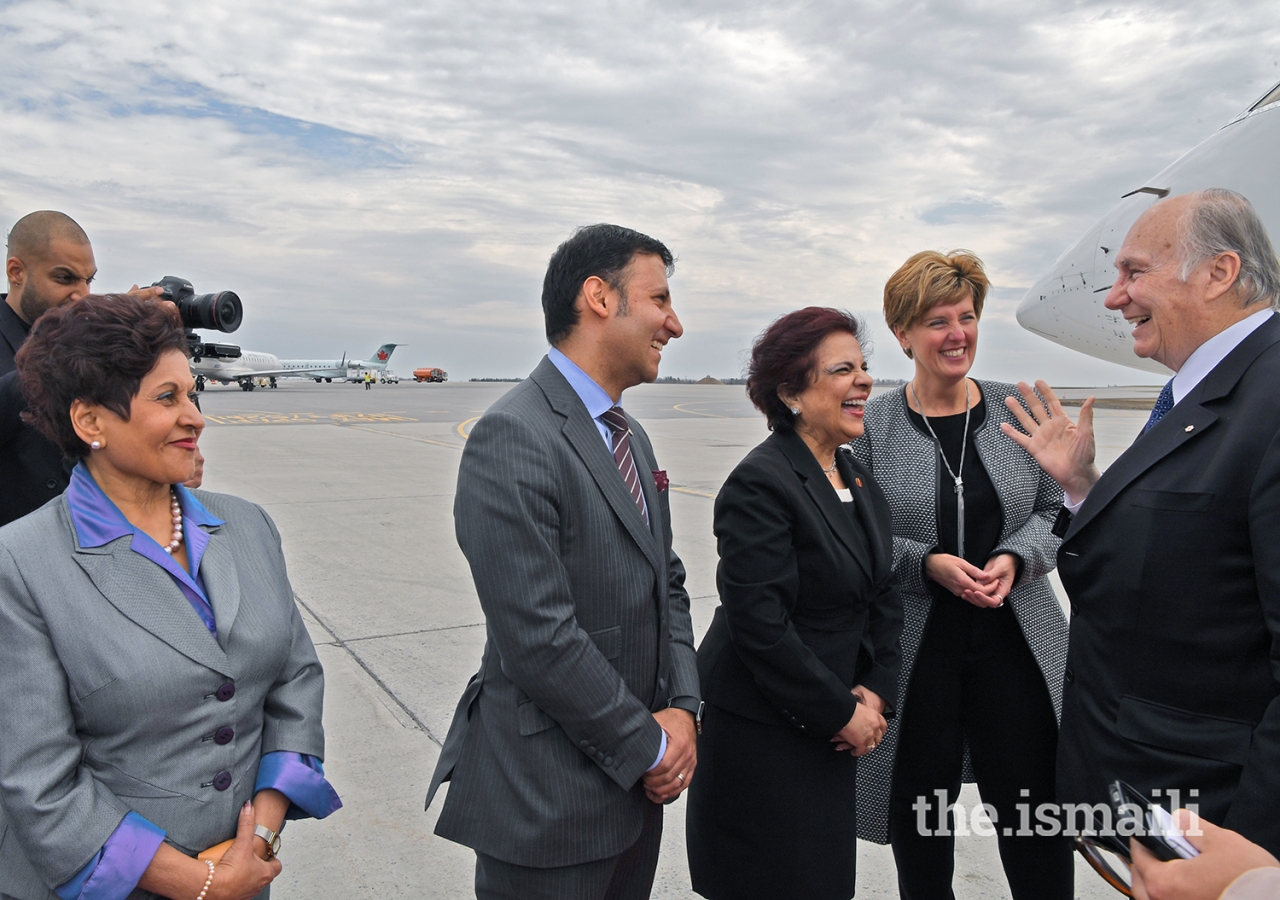 Senator Mobina Jaffer and Members of Parliament Arif Virani and Yasmin Ratansi greet Mawlana Hazar Imam at the airport in Ottawa.