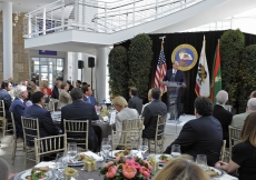 Mawlana Hazar Imam addressing guests at a luncheon hosted by the Governor and First Lady of California, held at the Getty Center in Los Angeles. 
