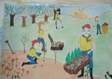 Haya Ahmed Al Hara &amp; Dannaa Ahmed Al Haraa from Tartos illustrate the ethic of voluntary service by depicting young scouts from the Jamat working in the fields. 