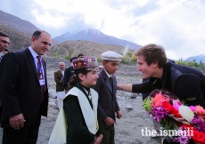 Prince Aly Muhammad is presented a bouquet of flowers upon his arrival in Immit, Ishkoman Punyal, Gilgit-Baltitsan