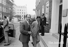 Mawlana Hazar Imam arriving at the Institute of Ismaili Studies (IIS) in London, July 1983.