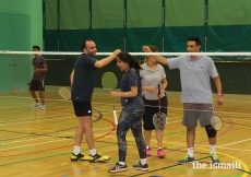Participants congratulate each other at the Badminton competition during the European Sports Festival 2019.