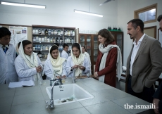 Prince Rahim and Princess Salwa with students at the Aga Khan Higher Secondary School Gahkuch located in Punial Valley, Ghizer District in Gilgit-Baltistan. The school is operated by the Aga Khan Education Services (AKES).