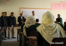 Prince Rahim with students and teachers at the Diamond Jubilee School in the village of Darkut, Silgan Valley, Ghizer District, in Gilgit-Baltistan. The school is operated by the Aga Khan Education Services (AKES).