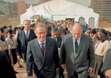 Mawlana Hazar Imam and President Jorge Sampaio proceed from the tent at the Foundation Ceremony of the Ismaili Centre, Lisbon.