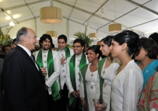 Mawlana Hazar Imam speaks with members of the Canadian Ismaili Muslim Youth Choir, who had performed earlier in the afternoon.