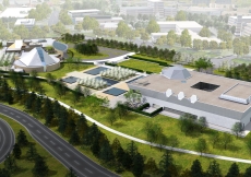 Artist rendering of the Ismaili Centre, Toronto, the Aga Khan Museum and their Park, situated along Wynford Drive adjacent to the Don Valley Parkway in Toronto.