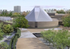Artist rendering of the Ismaili Centre, Toronto, surrounded by its Park along Wynford Drive.