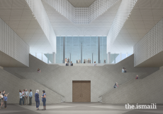 Central atrium and staircase at the Ismaili Center Houston. Each atrium is designed in such a way as to fill the heart of the building with natural light.