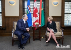 Mawlana Hazar Imam and Rachel Notley, Premier of Alberta, in conversation at the Office of the Premier, the historic McDougall Centre in Calgary.
