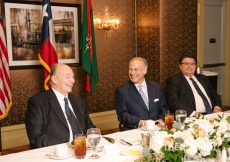 Mawlana Hazar Imam with Governor of Texas Greg Abbott and Secretary of State for Texas Rolando Pablos.