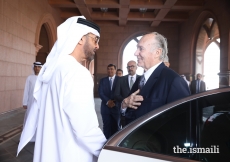 His Highness Sheikh Mohammed bin Zayed Al Nahyan bids farewell to Mawlana Hazar Imam after their meeting in Abu Dhabi.