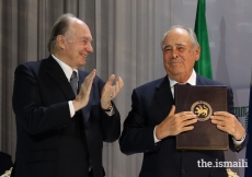 Mawlana Hazar Imam applauds as Mintimer Shaimiev, State Councellor of Tatarstan, is honoured at the Aga Khan Award for Architecture 2019 Ceremony for the Public Spaces Development Programme in Tatarstan.