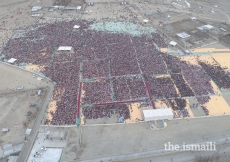 An aerial shot of the Jamat gathering for the Darbar at Taus, Yasin