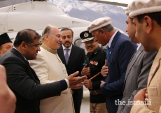 Mawlana Hazar Imam greets local leadership during his departure from the Diamond Jubilee Darbar at Aliabad, Hunza