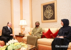 Mawlana Hazar Imam in discussions with His Highness Sheikh Mohammed bin Rashid Al Maktoum and Her Excellency Reem Bint Ebrahim Al Hashimy at Zabeel Palace during his Diamond Jubilee visit to the United Arab Emirates.