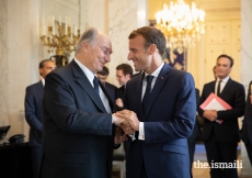 President Emmanuel Macron and Mawlana Hazar Imam after their meeting at the Élysée Palace.