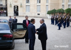 President Emmanuel Macron bids farewell to Mawlana Hazar Imam after their meeting at the Élysée Palace.