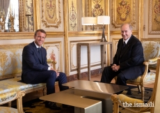 President Emmanuel Macron and Mawlana Hazar Imam in conversation at the Élysée Palace.