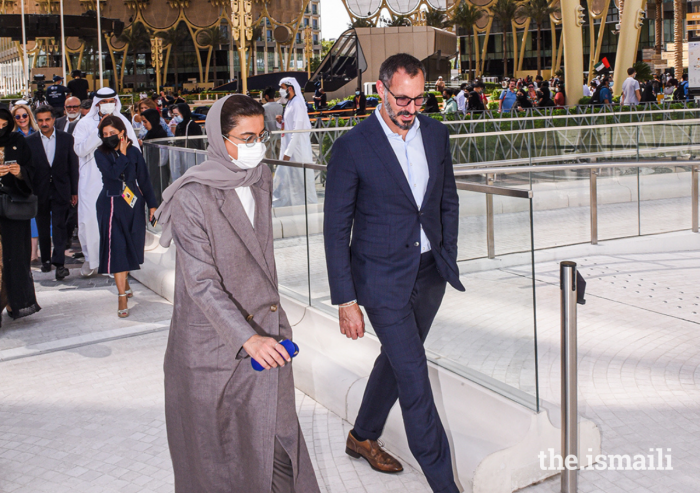 Prince Rahim in conversation with Her Excellency Noura bint Mohammed Al Kaabi, Minister of Culture and Youth at the UAE Pavilion Majlis at Expo 2020.
