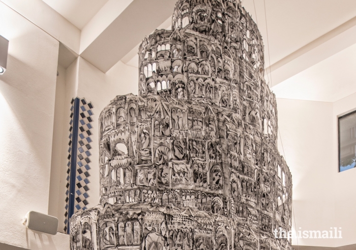 A close-up view of Kevork Mourad's six-metre high, three-dimensional artwork, entitled Seeing Through Babel.