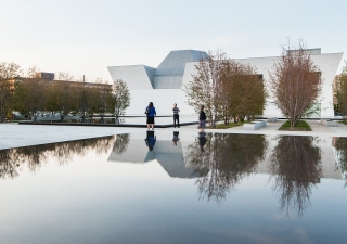 Surrounded by serviceberry trees and soft gravel, the reflective pools are mirrors that draw the Ismaili Centre and the Aga Khan Museum into the formal garden. Scott Norsworthy