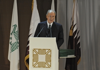 Mawlana Hazar Imam speaking to the assembled guests at the Aga Khan Award for Architecture ceremony, held at the Museum of Islamic Art in Doha, Qatar.