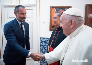 Prince Rahim and His Holiness Pope Francis in Lisbon, during the Pope’s visit to mark World Youth Day.