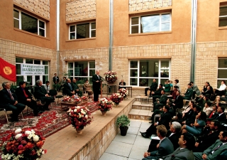His Highness the Aga Khan making his inaugural remarks in the central courtyard of the Aga Khan School, Osh.