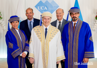 Mawlana Hazar Imam and members of his family pose for a group photograph on the occasion of the University of Central Asia’s inaugural convocation, hosted on 19 June 2021.