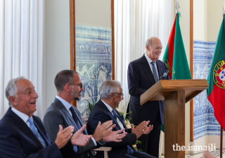 Prince Amyn extends a warm welcome to guests during an Imamat Day reception hosted at the Diwan of the Ismaili Imamat in Lisbon.