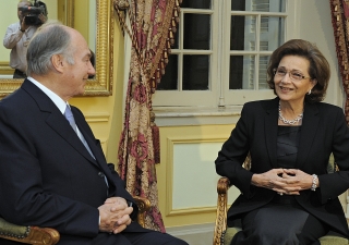 Mawlana Hazar Imam meeting with Her Excellency Suzanne Mubarak, the First Lady of Egypt, at the Old Winter Palace in Luxor. Hazar Imam is attending the Luxor International Forum to Combat Human Trafficking.