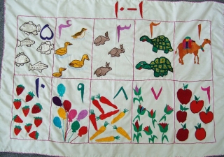 Numbers 1 – 10 in Dari with pictures sewn by mothers for the Sparks Early Childhood Development Program.