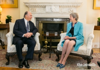 Mawlana Hazar Imam meets with Prime Minister Theresa May at 10 Downing Street, the official residence and office of the British Prime Minister.