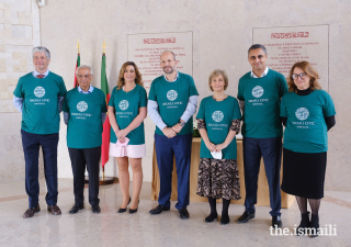 Prince Hussain (centre) joins Jamati, AKDN, and Government leaders (L to R): José da Câmara, President of the local parish of São Domingos de Benfica; Nazim Ahmad, Diplomatic Representative of the Ismaili Imamat to Portugal; Dr Maria Antónia Escoval, President of the Portuguese Institute of Blood and Transplantation (IPST); Dr Marta Temido, Minister for Health; Rahim Firozali, President of the Ismaili Council for Portugal; and Dr Eugénia Almeida.