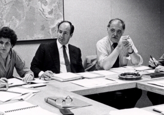 Members of the first Aga Khan Award for Architecture steering committee deliberating in Boston, in 1979.