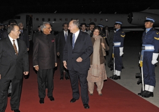 Upon his arrival in Islamabad, Mawlana Hazar Imam is received by Tariq Fatemi, Special Assistant to the Prime Minister on Foreign Affairs, and Aitmadi Iqbal Sadru-Dean Walji, President of the Ismaili Council for Pakistan.