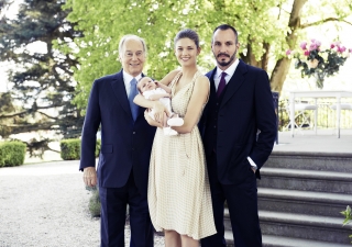 Prince Irfan, the first child of Prince Rahim and Princess Salwa, pictured together with his parents and grandfather, Mawlana Hazar Imam. TheIsmaili