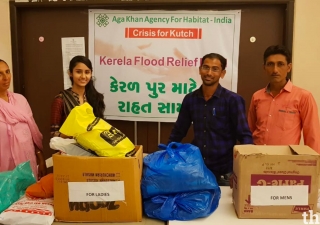 Volunteers in Kutch assisting in the collection of flood relief items