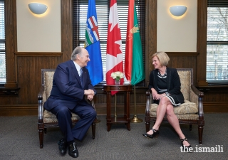 Mawlana Hazar Imam and Rachel Notley, Premier of Alberta, in conversation at the Office of the Premier, the historic McDougall Centre in Calgary.